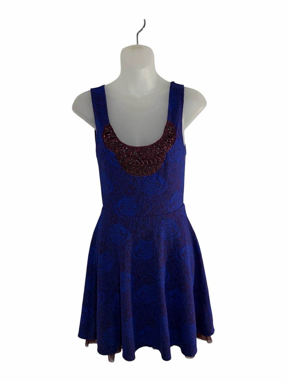 Free People Blue Floral Jacquard Beaded Collar Fit & Flare Mini Dress XS
